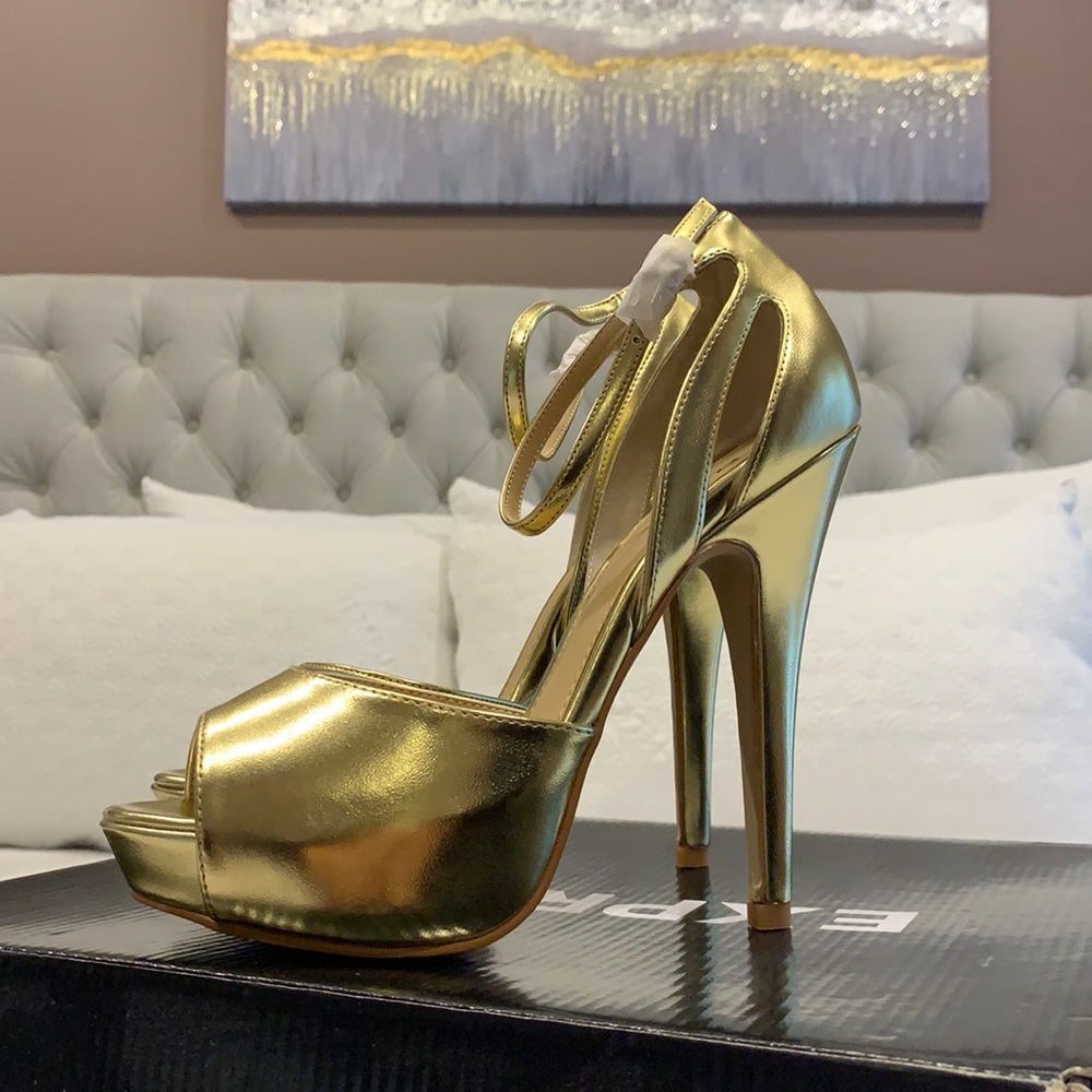 Express Shiny Gold Butterfly Back Heels